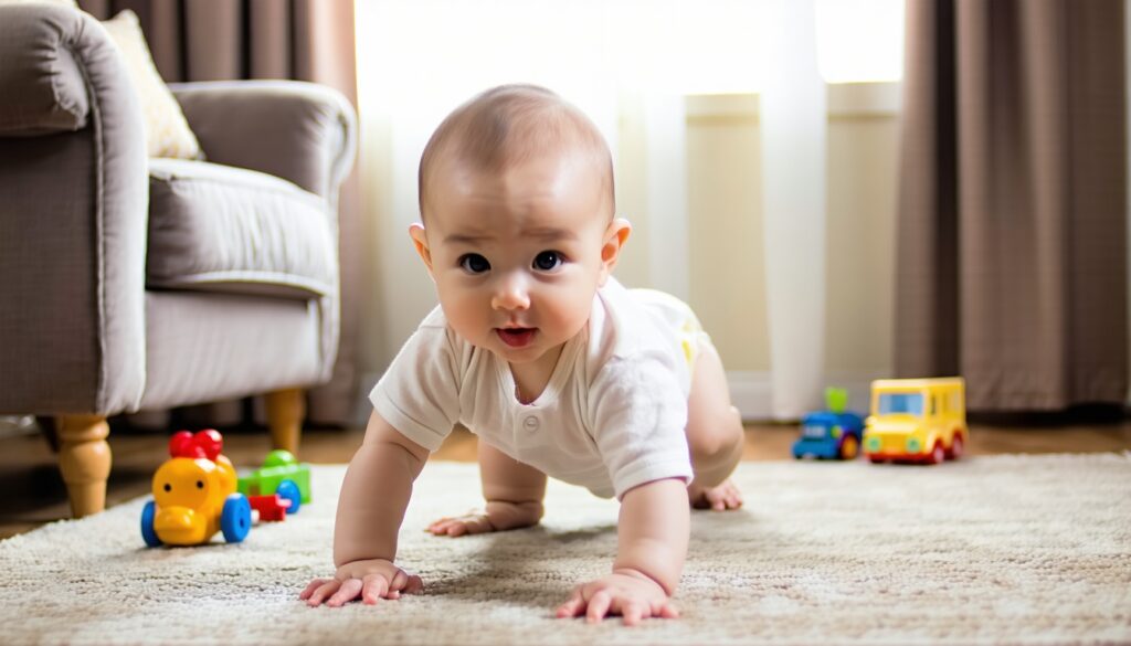 baby kruipt achteruit