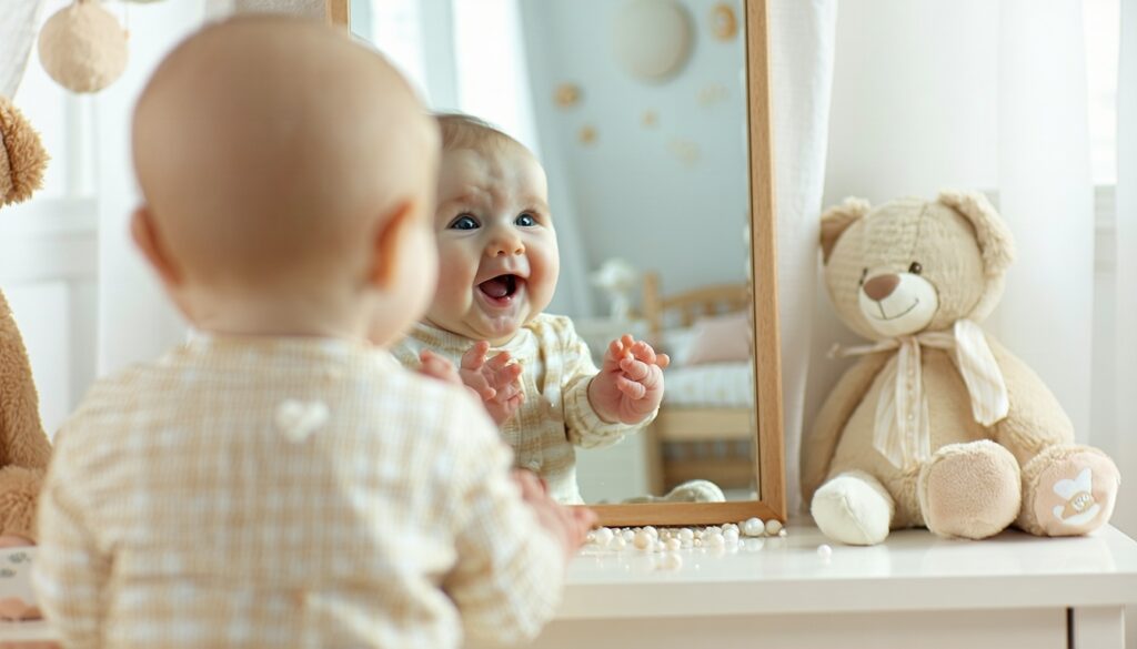 baby ontdekt zichzelf in spiegel
